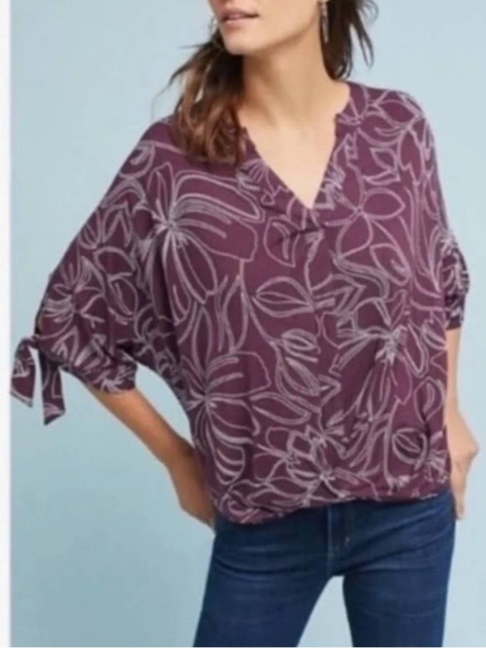 Anthropologie Akemi + Kin Plum purple Floral Tie Dolman Sleeve Top blouse XS